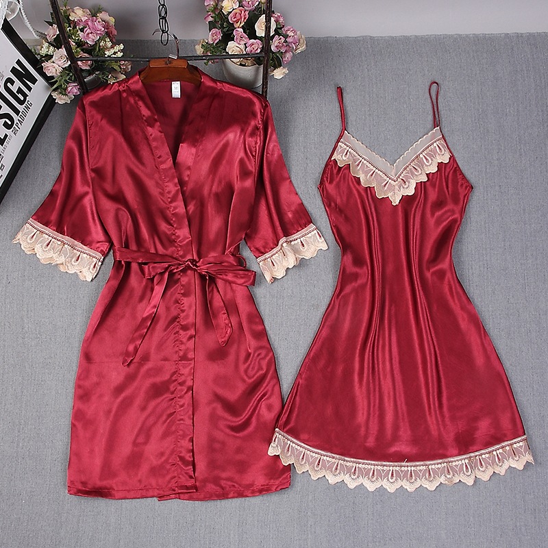 Robe Silk Women - Fashion Women Burgundy Faux Silk Robe