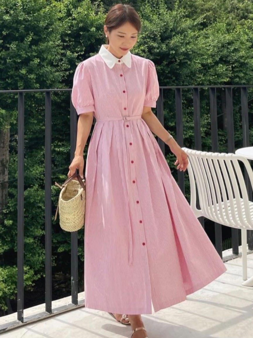 Corset Waist Cinch - Elegant Retro Striped Waist-Cinching Dress Women's