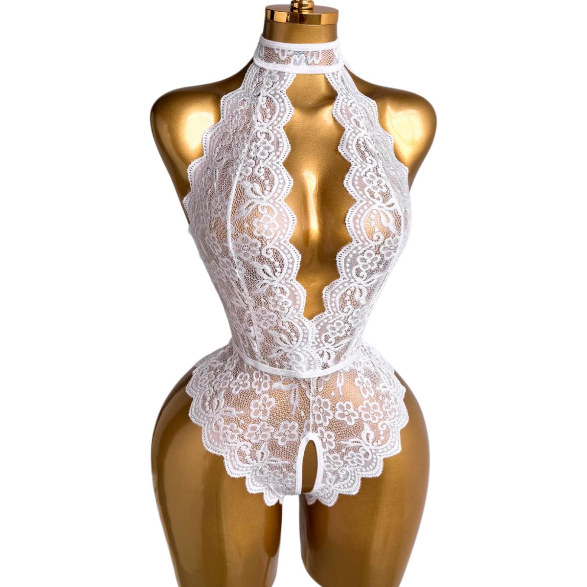 White Halter Neck Floral Lace  - огляд і ціна Lace Teddy Lingerie